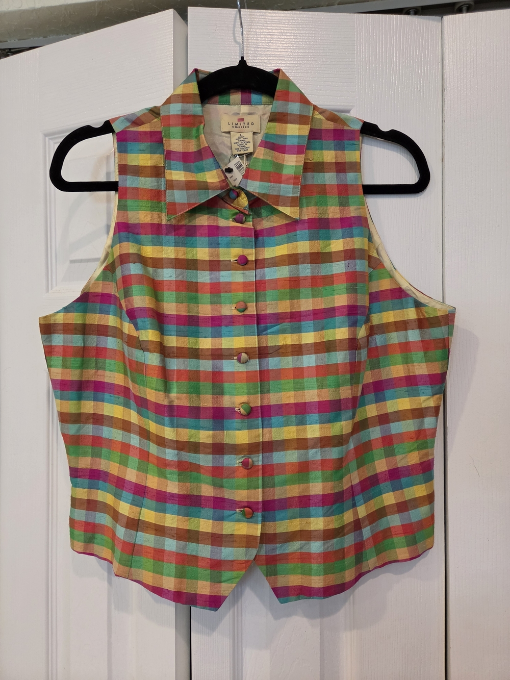 Vintage 90s The Limited 100%silk Rainbow Plaid Sleeveless Button-Front Top